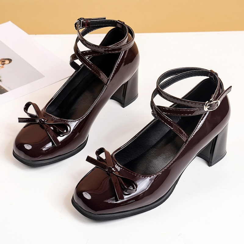 Women'S Shoes Burgundy - Black Retro Cross-Tie Pumps Casual Summer