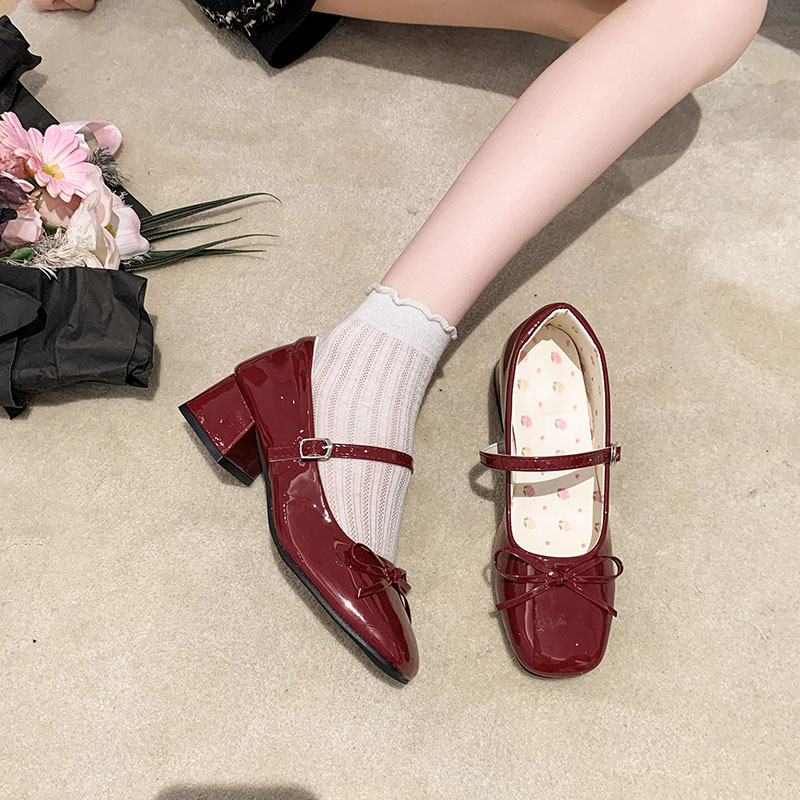 Women'S Shoes Burgundy - Bow-knot High-heeled Patent Leather Block-heeled Single