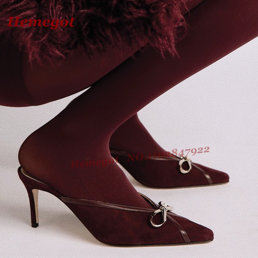 Women'S Shoes Burgundy - Metal Bow Detail Burgundy Suede Mules